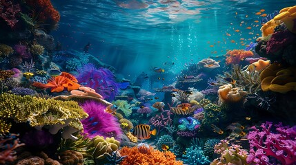 Wall Mural - underwater scene of coral reefs and other sea creatures in deep waters