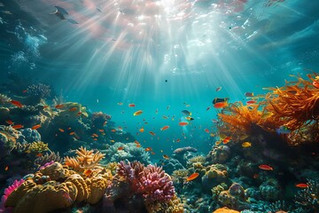 Wall Mural - underwater scene of coral reefs and other sea creatures in deep waters