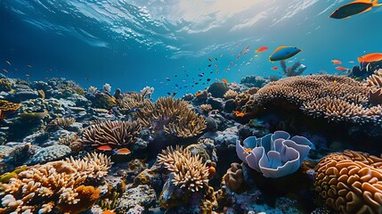 Wall Mural - underwater scene of coral reefs and other sea creatures in deep waters