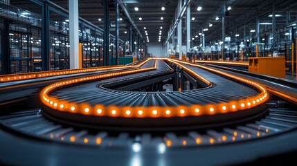 Poster - A sleek conveyor system swiftly transports products in a busy warehouse, showcasing efficient logistics with bright orange lights guiding items for sorting and storage.
