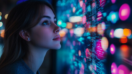 Woman gazing at a bright screen filled with colorful lights and digital code in a futuristic setting