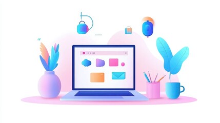 Laptop displaying content creation tools, plant life, and stationery accessories in a pastel office setting