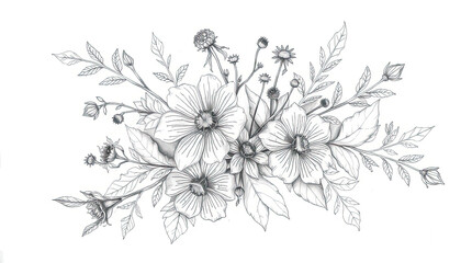  Floral sketch illustration. Beautiful delicate flowers.