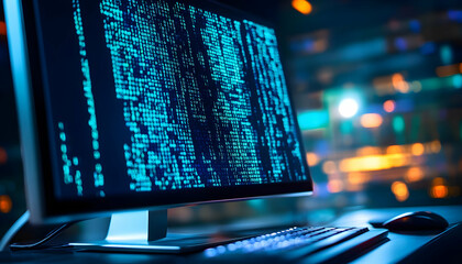 High-tech computer screen displaying green matrix code over a bokeh background, showcasing digital innovation and cyber culture.