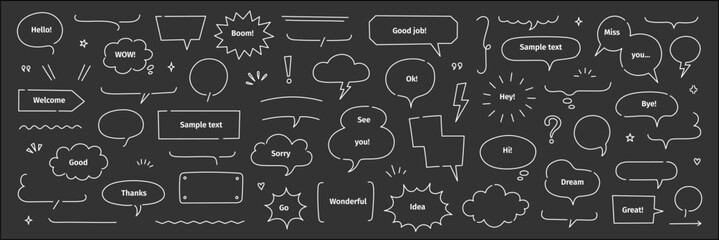 Poster - Line frame text speech bubble set. Chalk line balloon frame design talk speech bubble frame. Comic japan style design chalkboard text dialog balloon, simple doodle cloud, box border. Vector