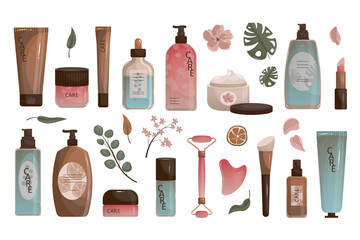 Poster - Beauty routine products set in flat cartoon design. Collection graphic elements with cream jar, lotion tube, serum, shampoo bottle, gel, facial massage roller, other cosmetics. Vector illustration.