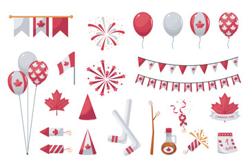Aufkleber - Canada symbols set in flat cartoon design. Collection graphic elements with national colors flags, garlands, balloons, patriotic emblems, fireworks, hockey, maple syrup, other. Vector illustration.