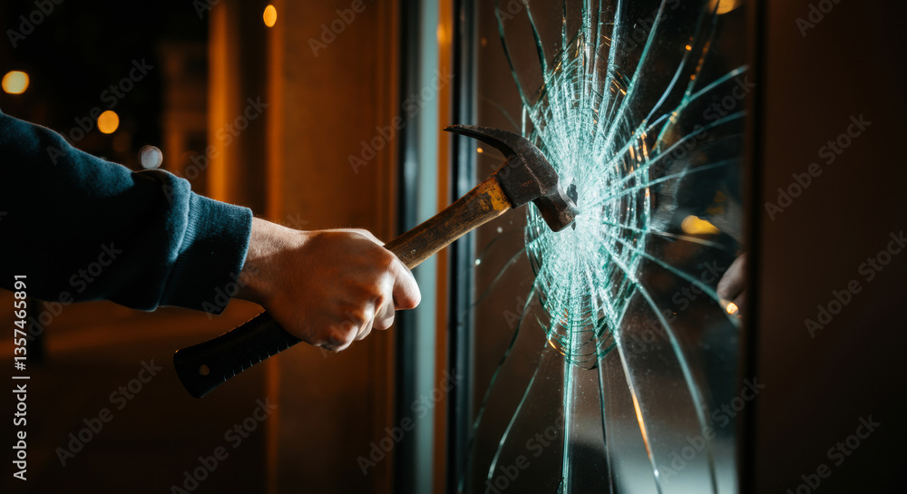 Person breaks glass window with a hammer during nighttime in an urban ...