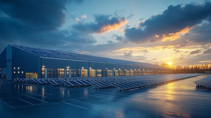 Poster - A contemporary warehouse facility features solar panels on its roof, reflecting the beauty of sunset. The location showcases efficient logistics and distribution processes for inventory management.