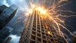 © Sumet - Dramatic Lightning Strike on Modern Skyscraper Amidst Dark Stormy Clouds in Urban Landscape