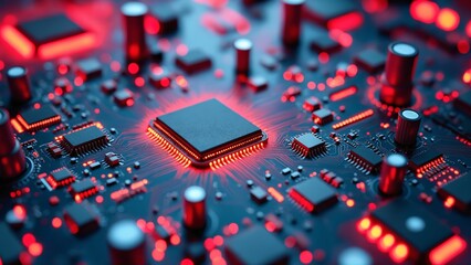 Poster - Abstract Close-Up of Futuristic Circuit Board with Glowing Red Elements and Intricate Details Highlighting Technology and Innovation