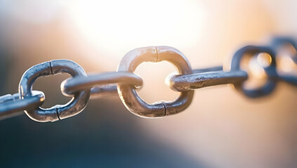 Close Up of Interlocked Metal Chain Links Reflecting Warm Sunlight Showcasing Strength and Security on an Abstract Blurry Background in a Macro Shot with Focus on Texture