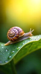 Aufkleber - Close-Up of a Colorful Snail on a Dewy Leaf with Vibrant Background Blurring in Natural Light
