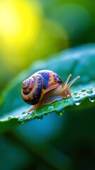 Aufkleber - Close-Up of a Colorful Snail on a Dewy Leaf with Vibrant Background Blurring in Natural Light