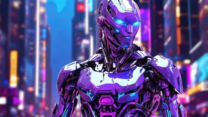 A futuristic robotic figure with a digital