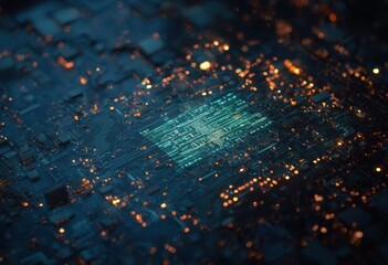 Fototapete - An image of a microchip on a circuit board with various electronic components and wires visible.