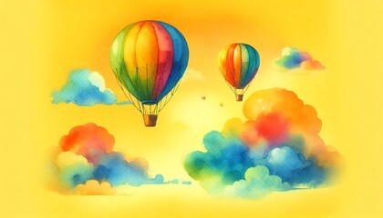 Wall Mural - colorful hot air balloon soaring against a vibrant yellow background, evoking a sense of adventure a