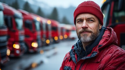 Poster - A logistics professional stands confidently in a bustling warehouse surrounded by lined up trucks under overcast skies.