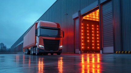 Aufkleber - A freight truck is positioned at an illuminated loading dock of a warehouse. The rain slicked ground reflects the glowing lights as workers prepare to load cargo, emphasizing the evening ambiance.