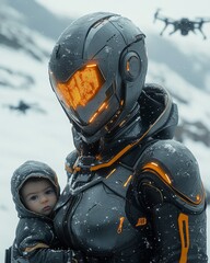 Wall Mural - a female robot with orange lights and black armor, wearing a helmet, is holding baby. fantasy future
