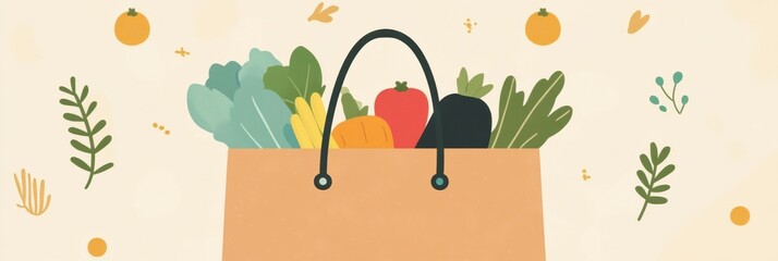 Aufkleber - Illustration of a paper grocery bag filled with fresh organic fruits and vegetables in soft earthy colors Generative AI