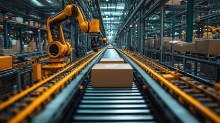 Aufkleber - A robotic arm expertly manages packages on a conveyor system within a warehouse. The facility is busy with organized storage, showcasing an advanced logistics operation during working hours.