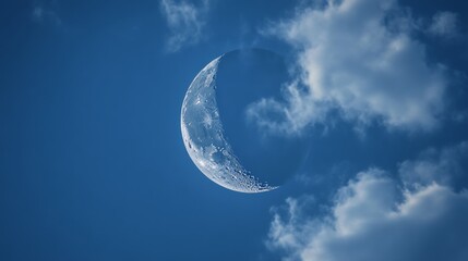 Wall Mural - beautiful crescent moon in between clouds in the blue sky.