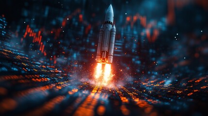 Wall Mural - futuristic rocket launch on a digital stock market chart background, a business concept for a startu