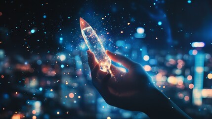 Wall Mural - hand holding a rocket with glowing particles and a bokeh city background.