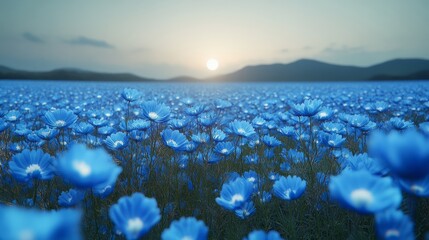 Wall Mural - the beautiful blue flowers blooms in the field in the night sky on the forest background with moonli
