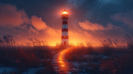 Wall Mural - Lighthouse stands tall and its lights illuminating the night sky. 