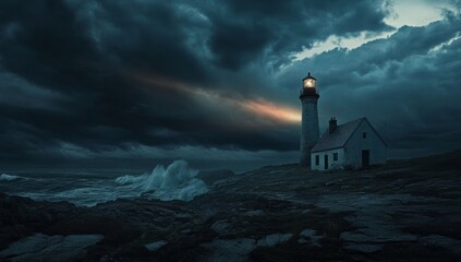 Wall Mural - Lighthouse on the rocky coast with a stormy sky and crashing waves at sunset. 