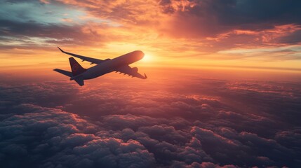 Wall Mural - airplane flying in the sky at sunset.