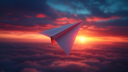 Wall Mural - paper airplane flying in the sky at sunset. concept of freedom, travel.