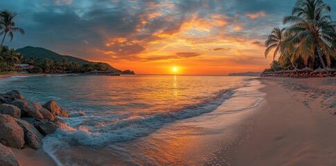 Wall Mural - sunset on the tropical beach with palm trees and waves, a beautiful landscape background, golden hou