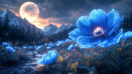 Wall Mural - the blue flower blooms in the night sky on the forest background with moonlight shining on it, fanta