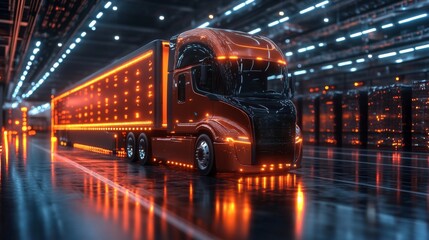 Aufkleber - A state of the art warehouse showcases a bright red truck equipped with illuminated features, highlighting the efficiency of logistics and freight operations at night.