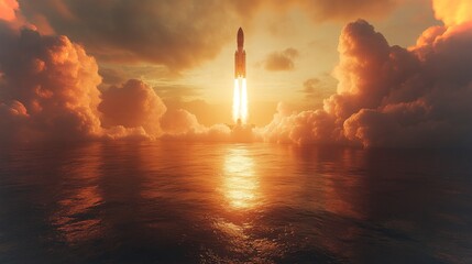 Aufkleber - A powerful rocket lifts off from the water's edge, ascending into the sky at sunset. Fiery boosters light up the clouds, creating an awe inspiring display of space exploration.