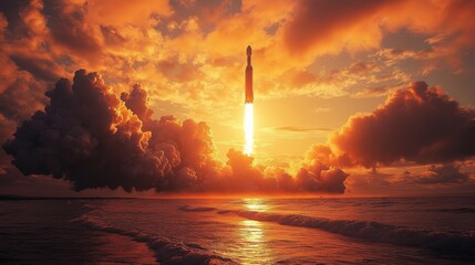 Aufkleber - A powerful rocket lifts off from a coastal launch pad, surrounded by vibrant clouds and the glow of a sunset, demonstrating advancements in spaceflight technology and recovery methods.