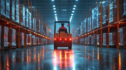 Poster - A forklift navigates through an organized warehouse, transporting pallets while illuminated by bright overhead lights. The atmosphere is focused on logistics and fulfillment.