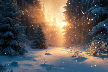 Wall Mural - Snowy forest with trees covered in snow and a bright sun shining through the trees. The scene is peaceful and serene, with the snow reflecting the sunlight and creating a beautiful, glowing effect
