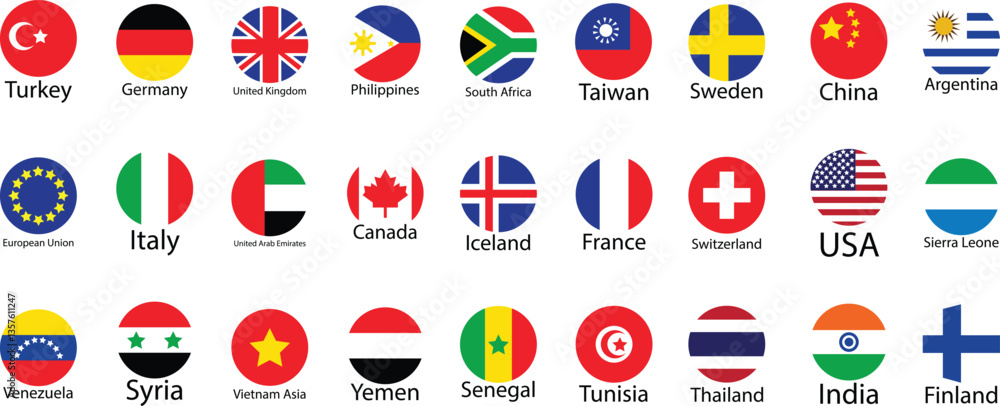 Set of official national flags of the world. Country round shape flags ...