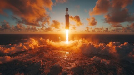 Aufkleber - A rocket ascends into the atmosphere, fueled by powerful engines that emit bright flames, while vibrant clouds scatter across a sunset backdrop, illuminating the horizon.