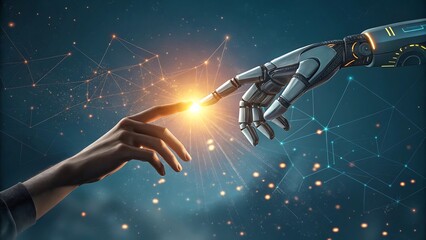 a human helping hand robot digital version, touching virtual world, touch the finger of human on a d