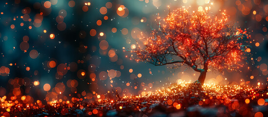 Wall Mural - tree with glowing leaves is the main focus of this image. the tree is surrounded by a field of glowi
