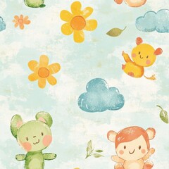 Aufkleber - Colorful seamless baby pattern featuring playful animals, clouds, and flowers in a soft watercolor style with a hand-crafted feel Generative AI