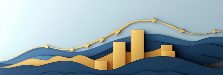 Fototapete - Modern business landscape showcasing upward trends with layered bar charts and arrows in gold and blue tones Generative AI