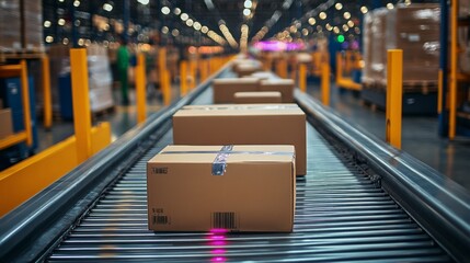 Aufkleber - A conveyor belt is moving multiple boxes through a vast logistics warehouse filled with shelves and pallets, highlighting efficient inventory management and distribution processes.