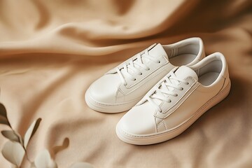 Aufkleber - Pair of Stylish White Leather Sneakers on Beige Fabric Background