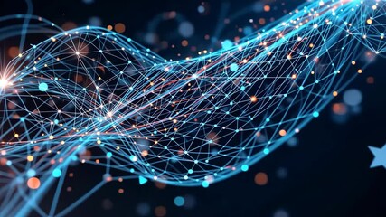 Canvas Print - abstract digital network wave with glowing blue and orange dots and star shapes on dark background